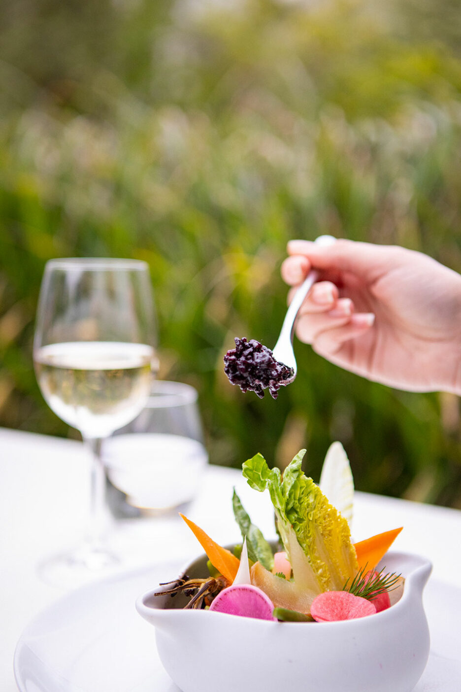 Riz-noir-cuisiné-aux-herbes-fraiches,-légumes-de-saison-cuits-et-crus